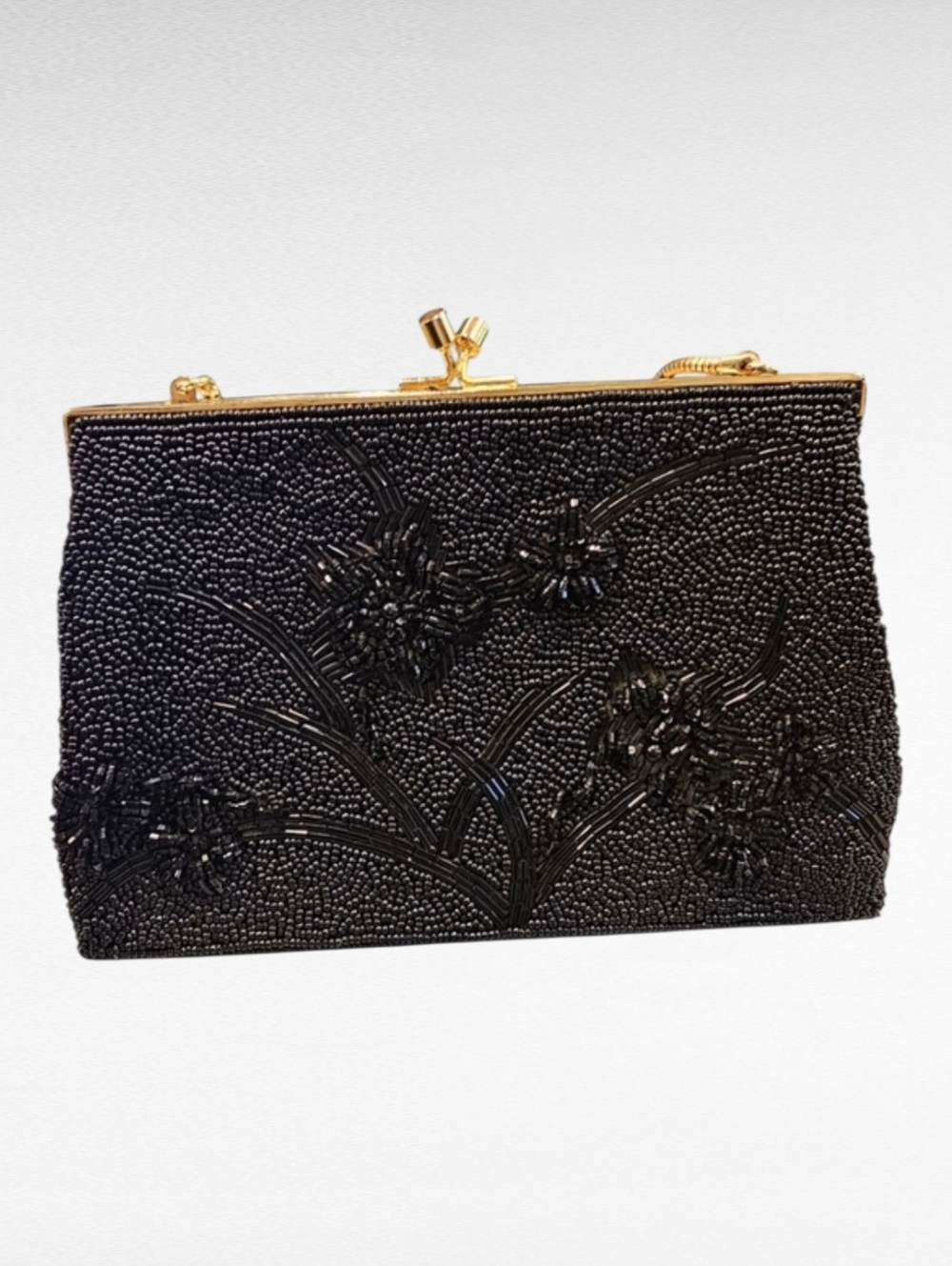 Vintage Black Beaded Clutch Chain Purse